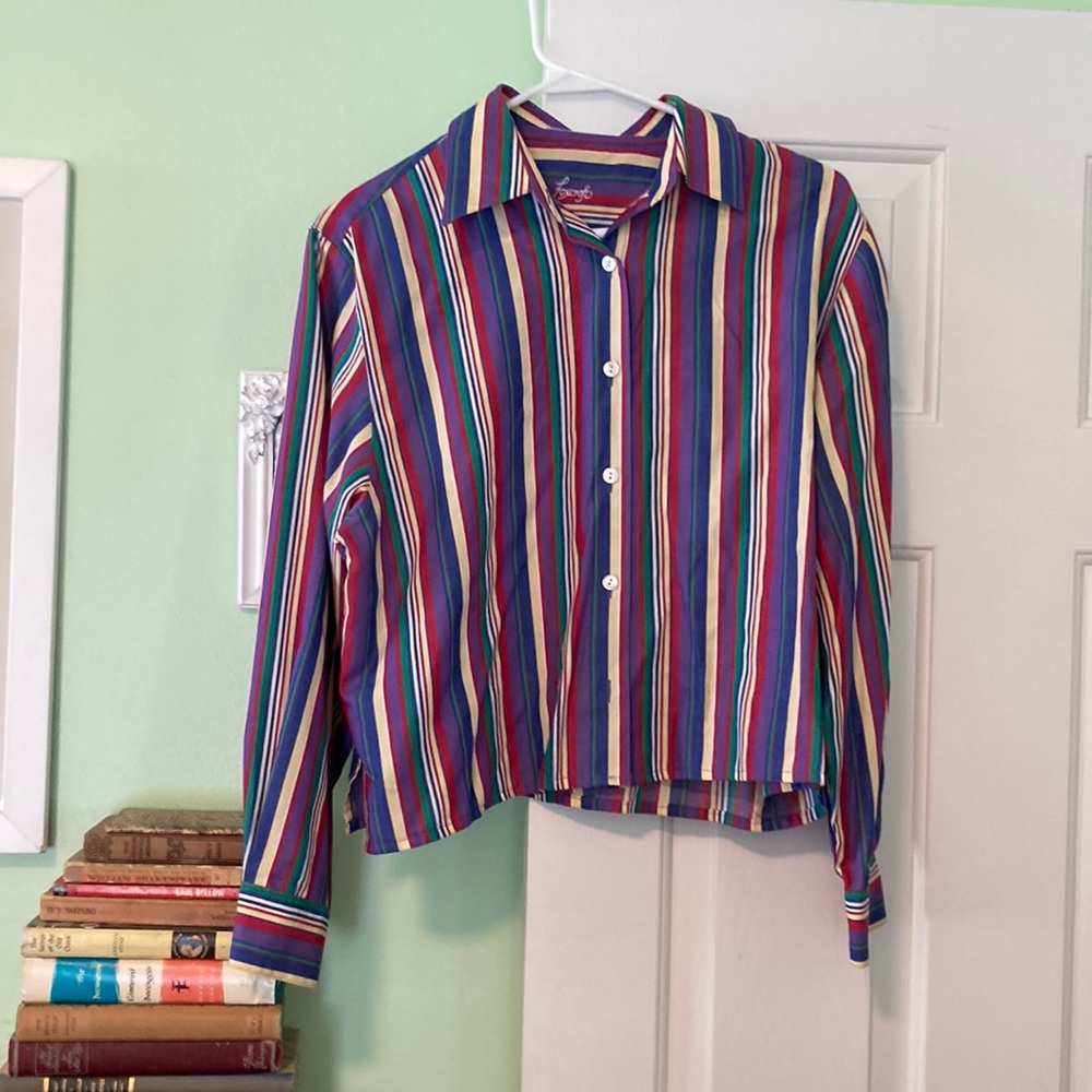 Vintage 80s Foxcroft striped button blouse cotton blend purple yellow red blue
